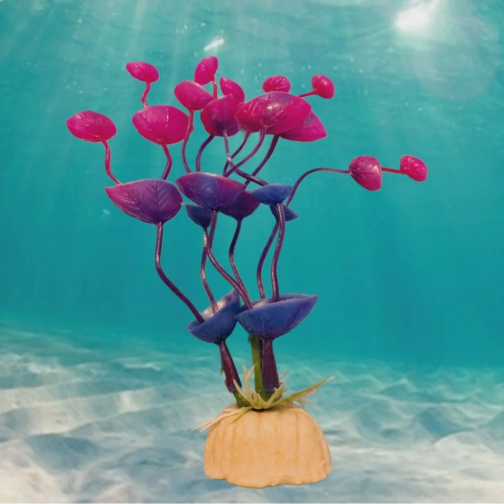 Aquarium Decoration Set Including 6 Soft Plastic Plants And A little Barrel Cave